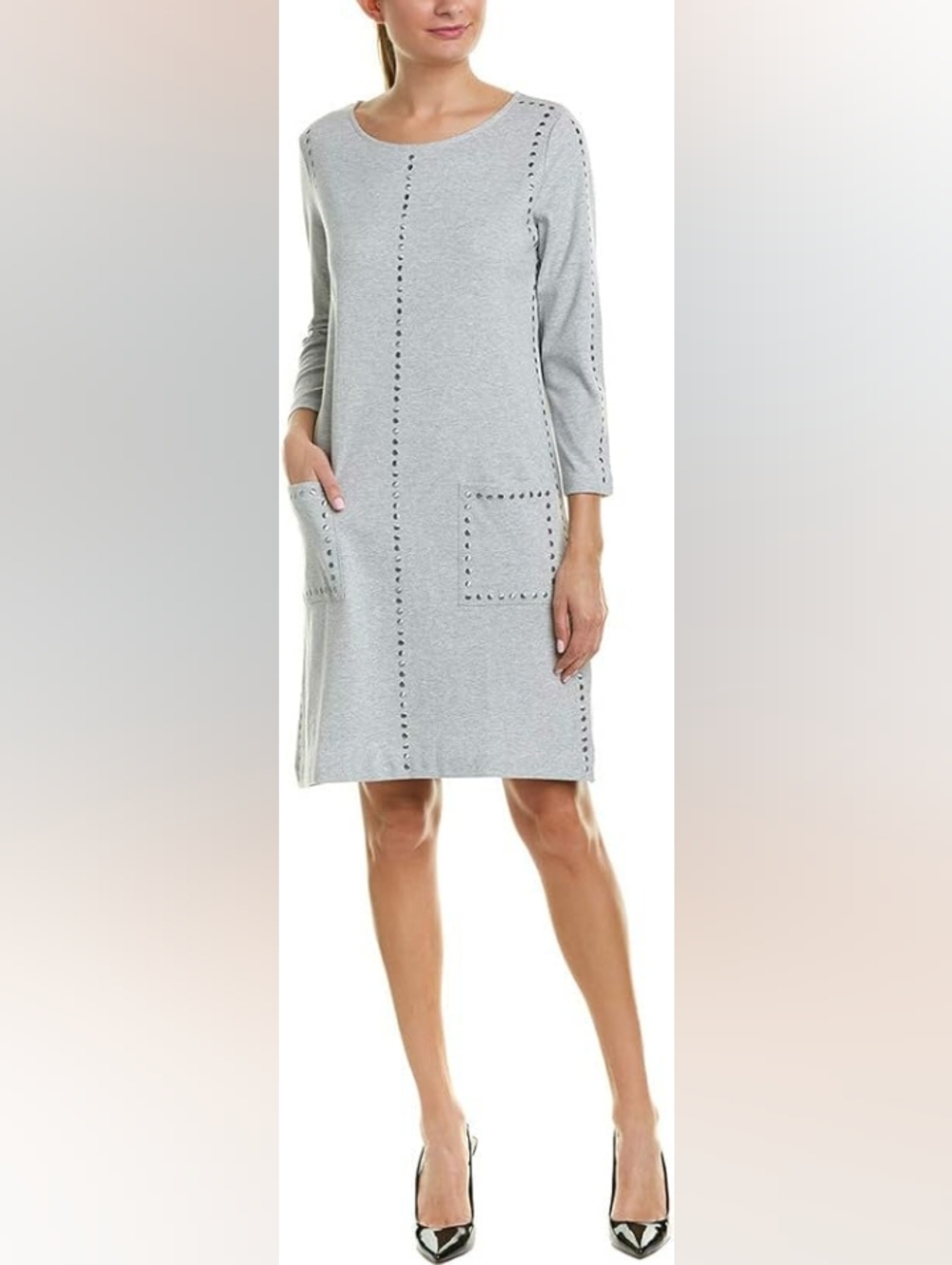 Joan Vass Light Gray Midi Dress with Stud Trim